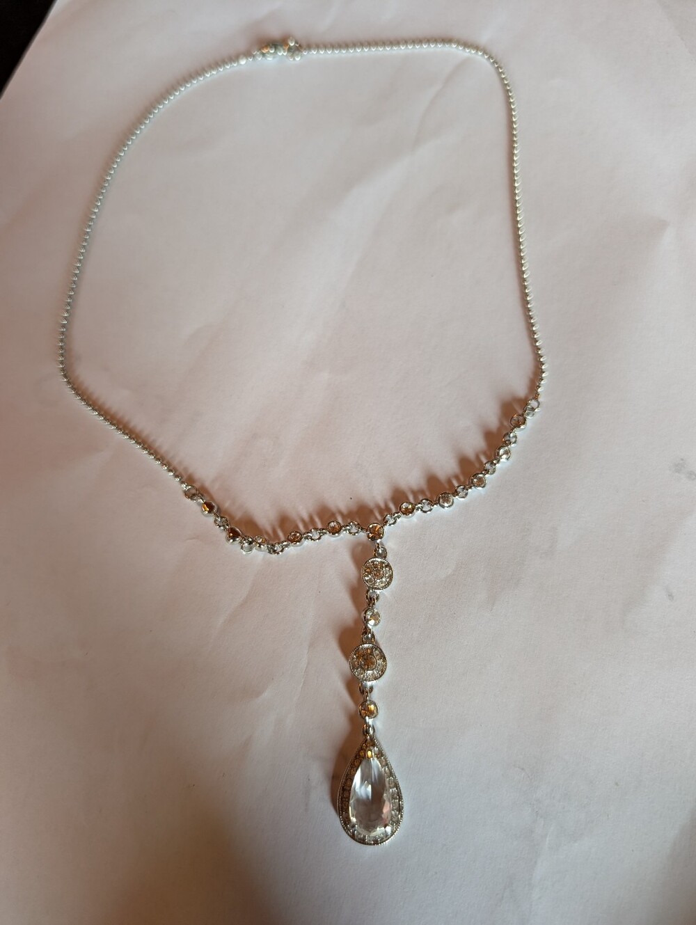 Gorgeous signed MONET silver tone Y-necklace featuring approximately 16 inch bal